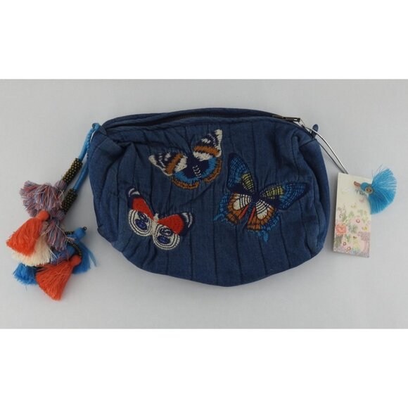 New Johnny Was Paradisio Quilted Denim Makeup Bag with Butterflies & Tassles - Picture 13 of 13